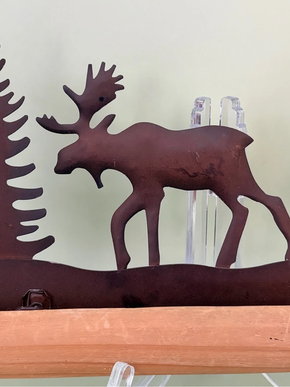 Rustic Metal Moose and Pine Tree Shelf Accent - Brown